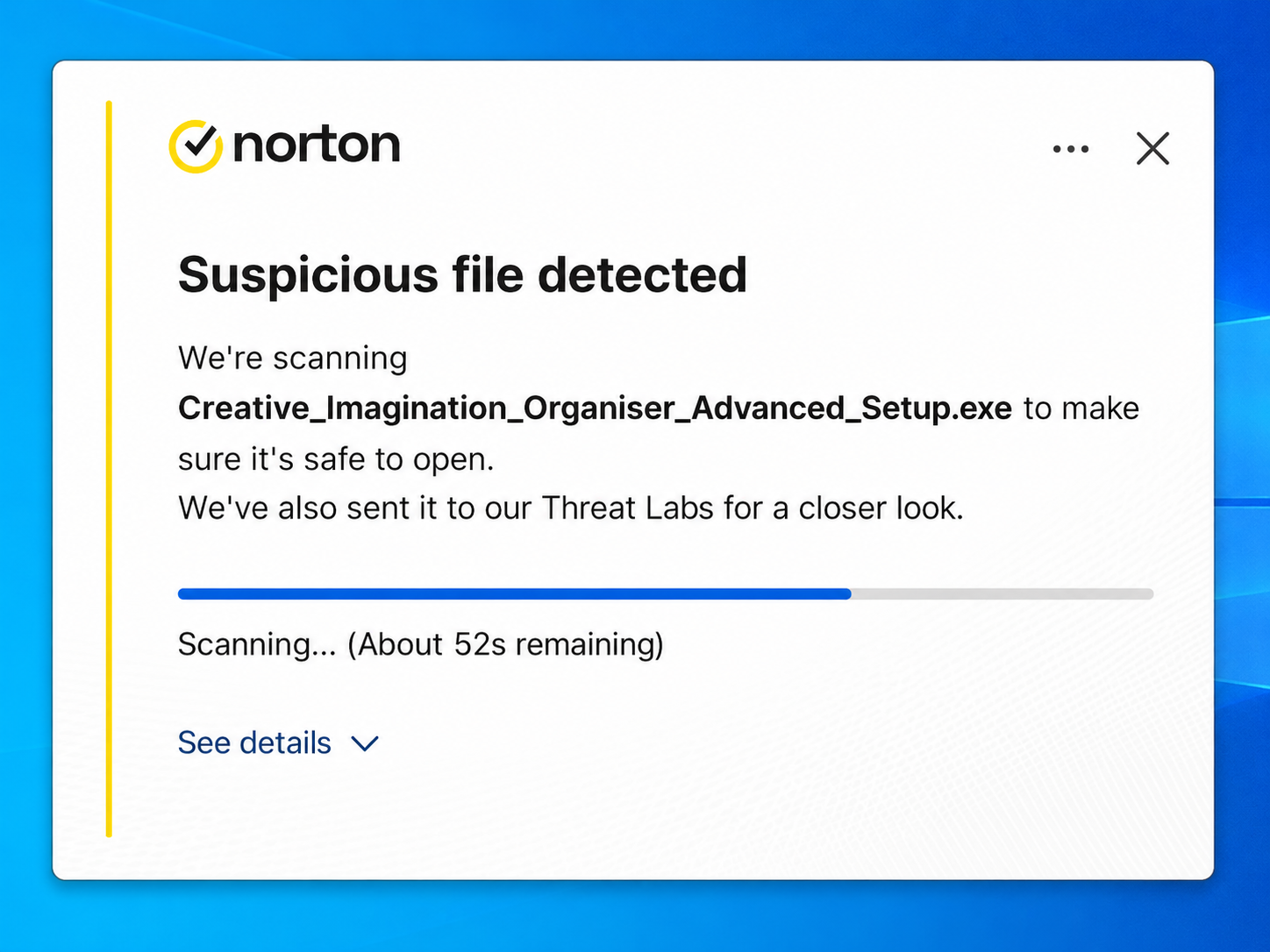 Norton scanning the Creative Imagination Organiser installer