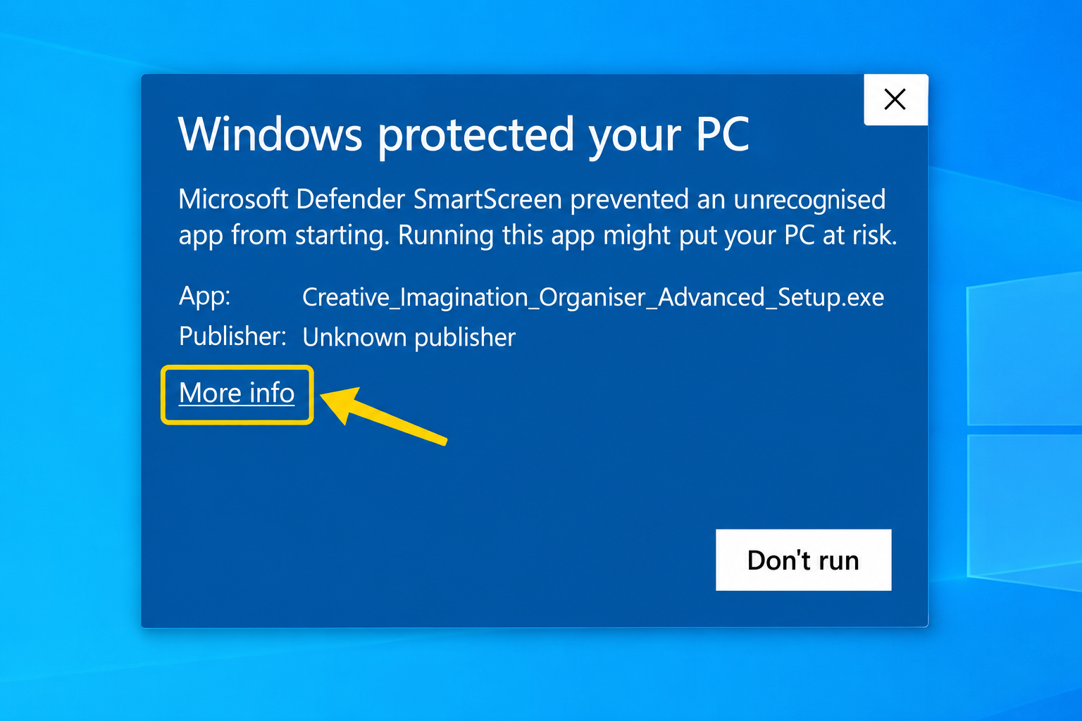 Windows protected your PC screen showing More info