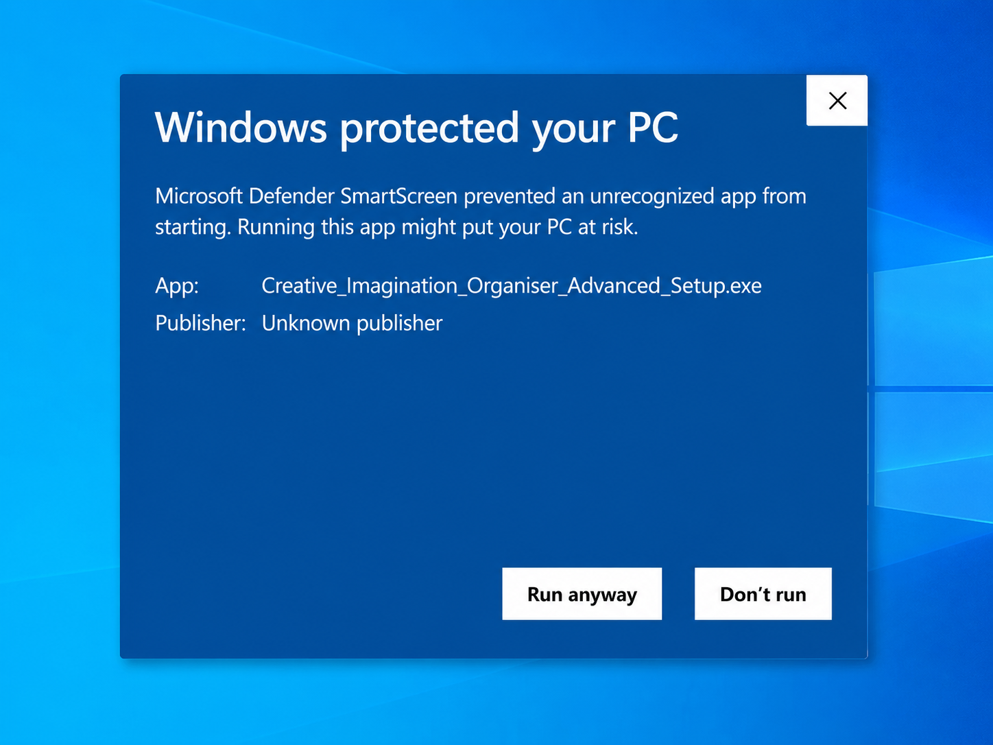 Windows protected your PC screen showing Run anyway