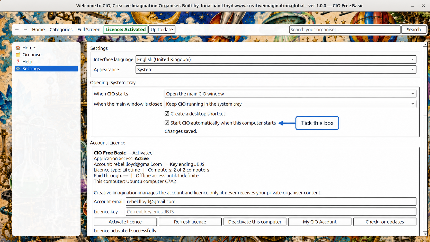 CIO Settings showing Start CIO automatically when this computer starts