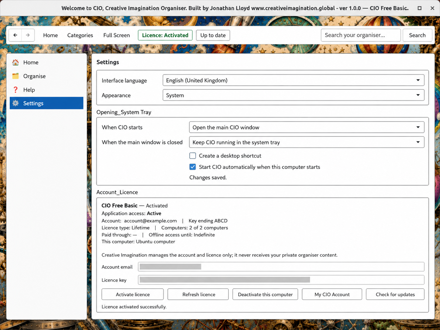 Creative Imagination Organiser showing Licence Activated on Ubuntu