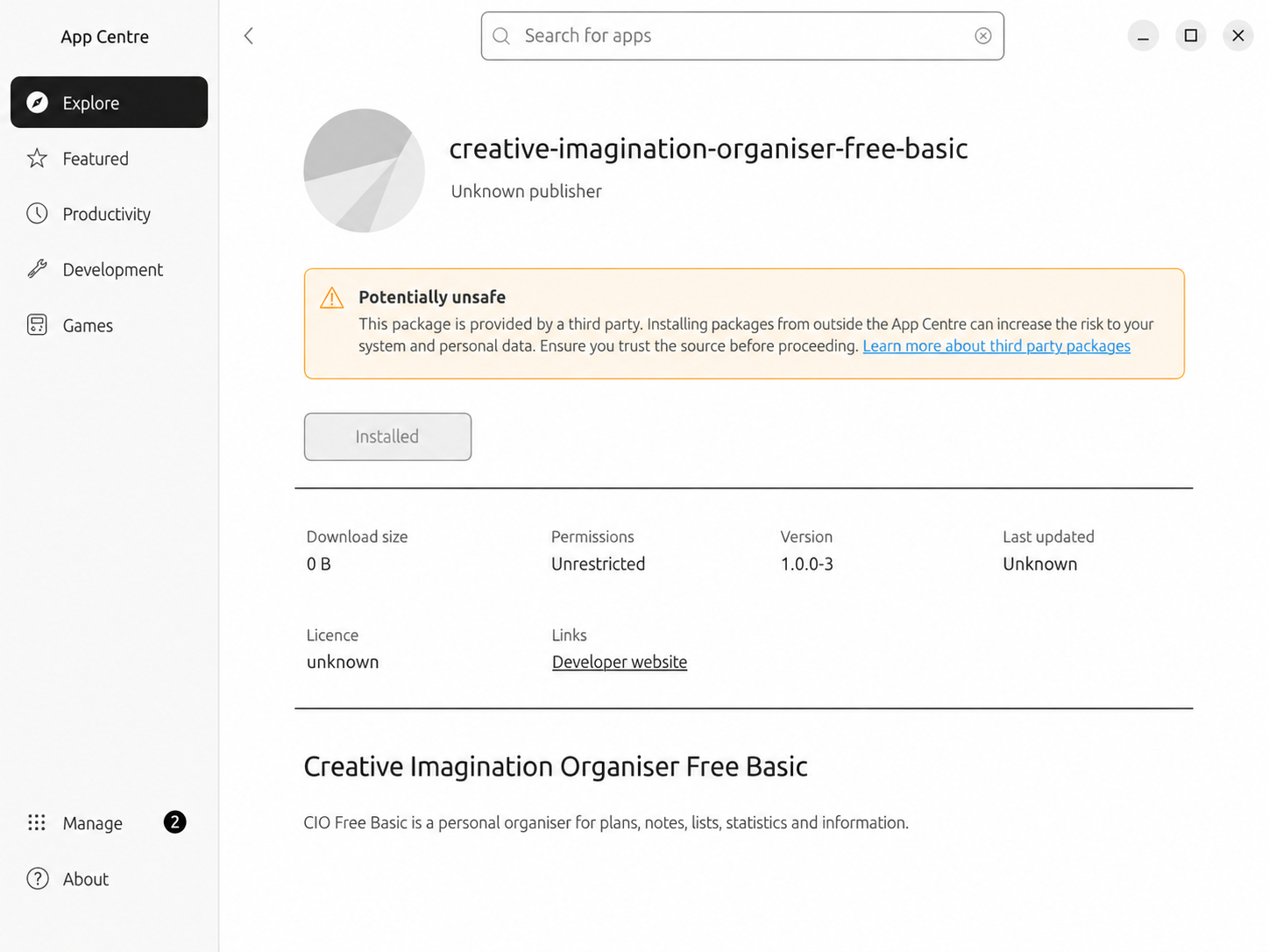 Ubuntu App Centre displaying the third-party software notice for Creative Imagination Organiser